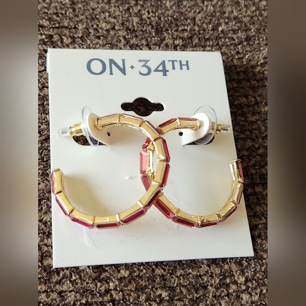 On 34th Hoop Earrings Pink Rectangular Stones NWT